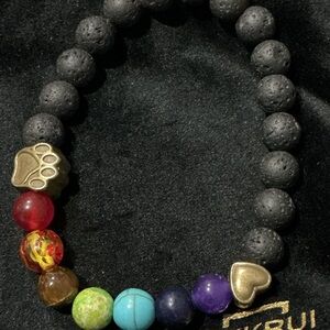 Beaded Lava Stone Bracelet with Multicolor Accent Beads and Gold Charms